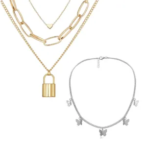 Combo of 2 Layered Heart Lock Butterfly Necklace