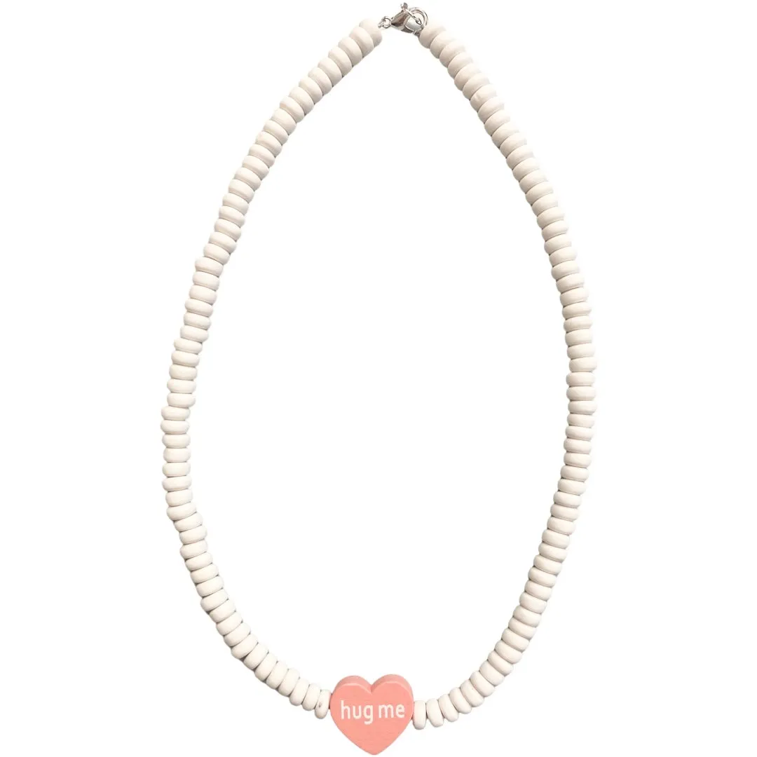 Conversation Heart White Beaded Necklace - Pink Hug Me