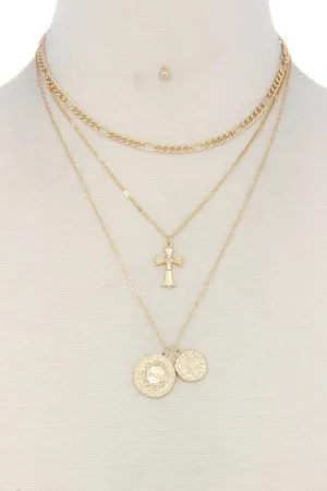 Cross charm layered metal necklace