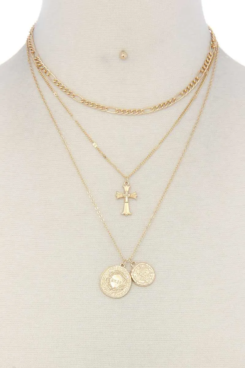 Cross charm layered metal necklace