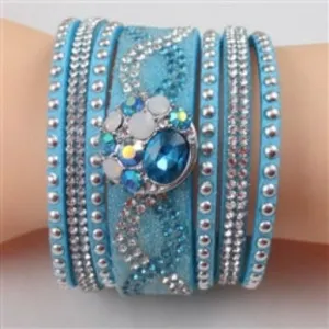 Crystal Bling in A Wide Aqua Leather Bracelet