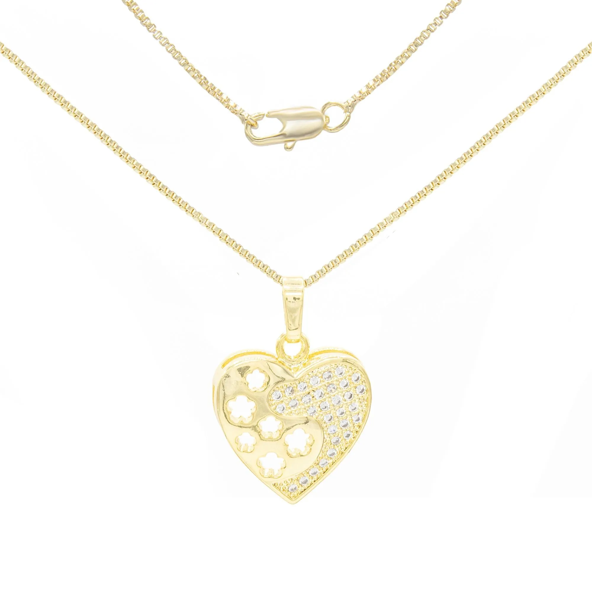 Cubic Zirconia 14K Gold Filled Heart With Flowers Pendant Necklace Set