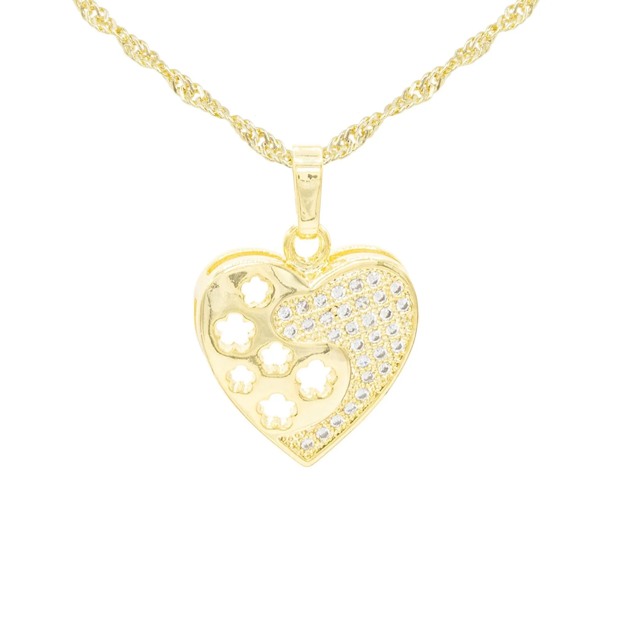 Cubic Zirconia 14K Gold Filled Heart With Flowers Pendant Necklace Set