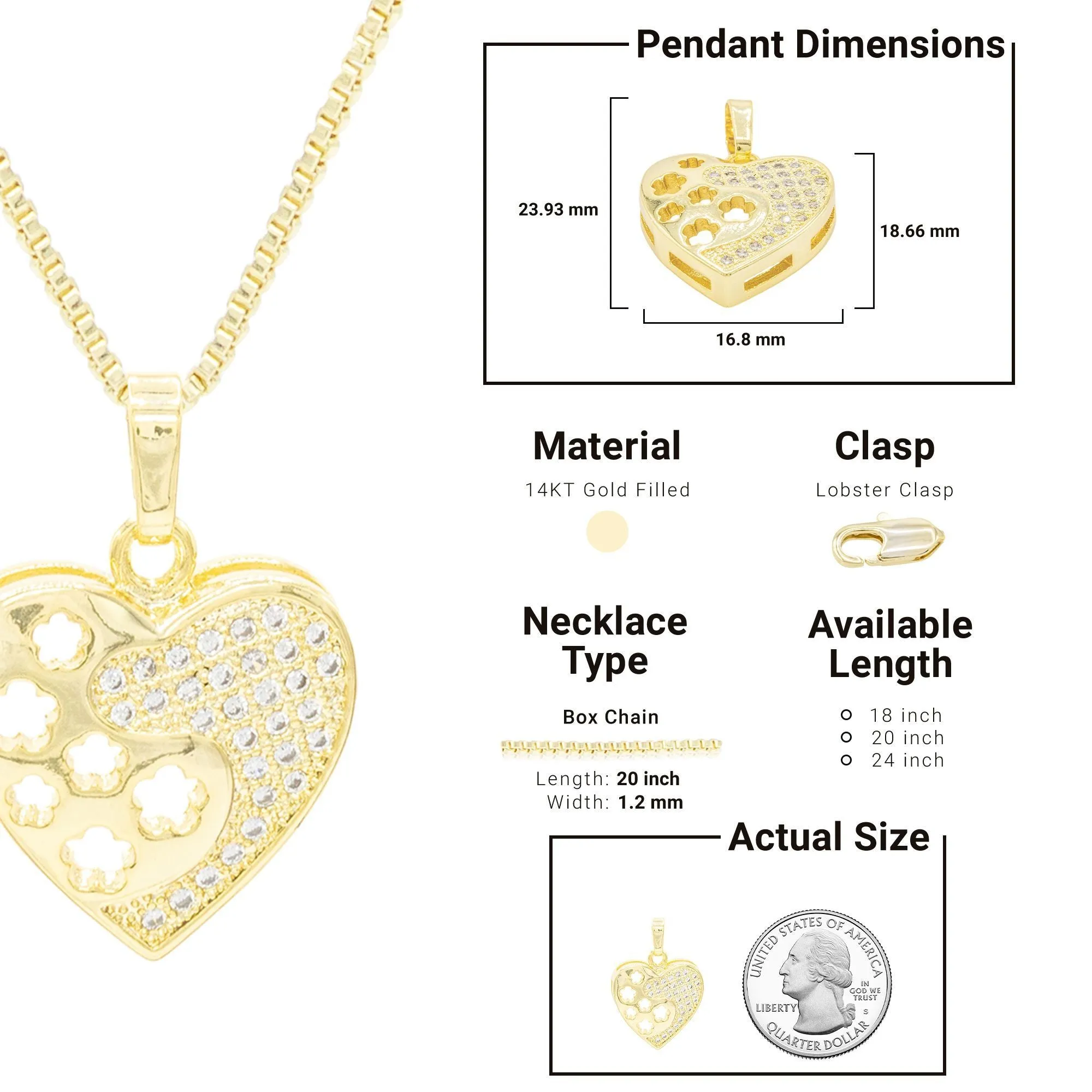Cubic Zirconia 14K Gold Filled Heart With Flowers Pendant Necklace Set