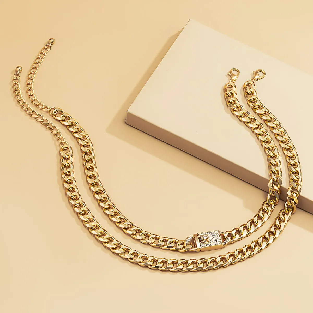 Cubic Zirconia & 18K Gold-Plated Lock Necklace Set