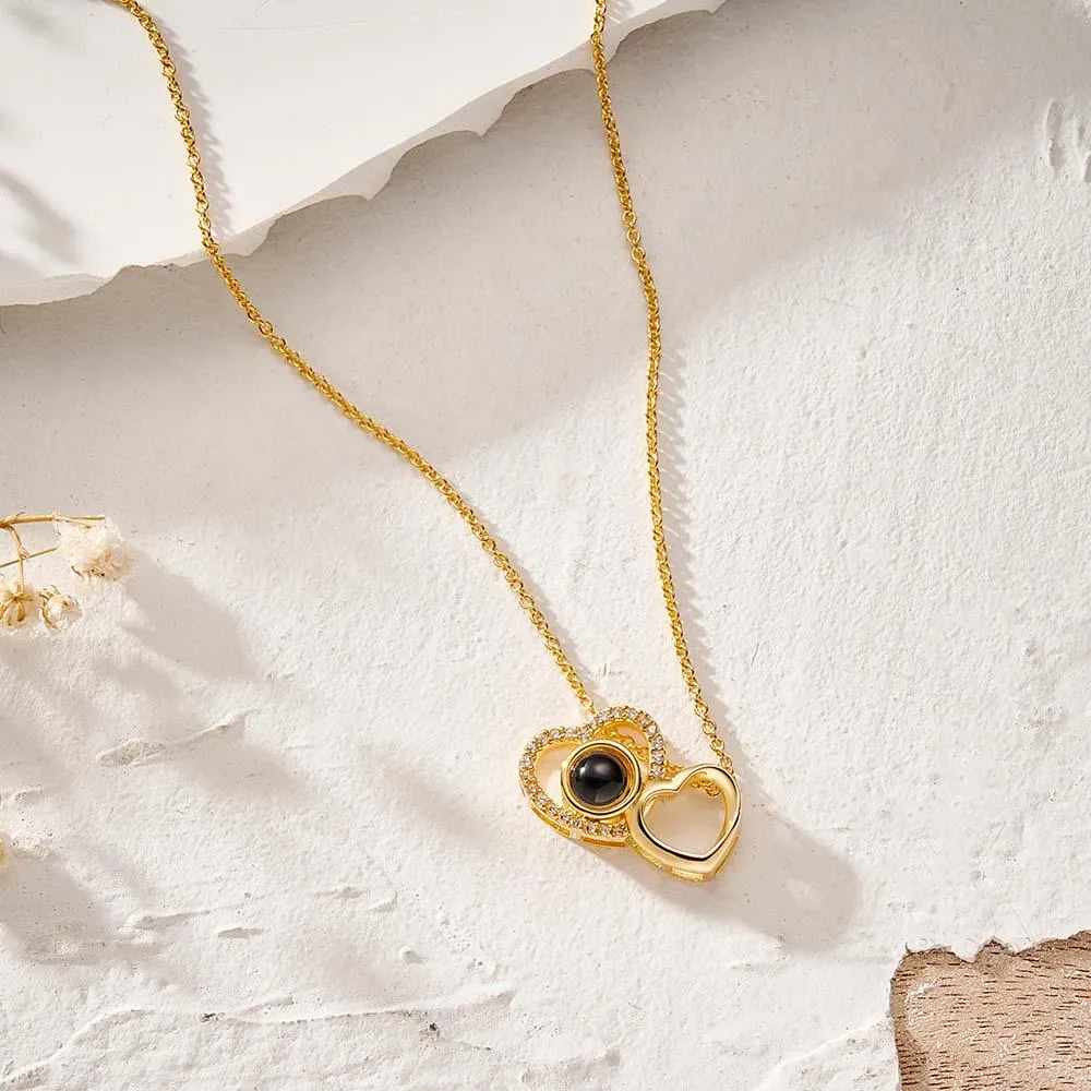 Custom Double Heart Photo Projection Necklace
