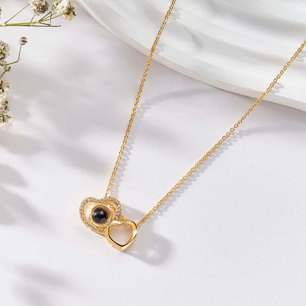 Custom Double Heart Photo Projection Necklace