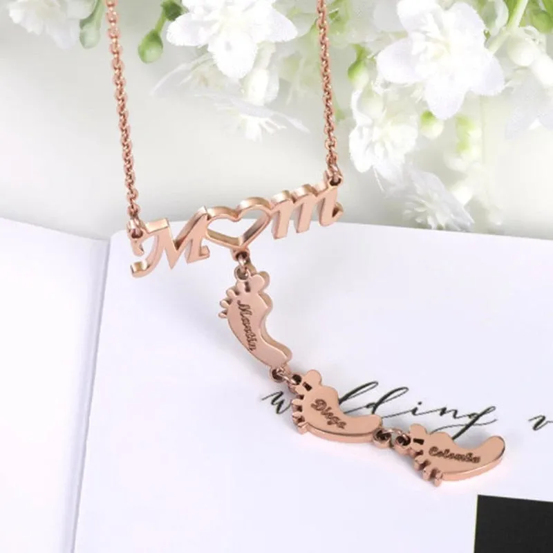 Custom Footprint Personalized Baby Feet Name Mom Necklace
