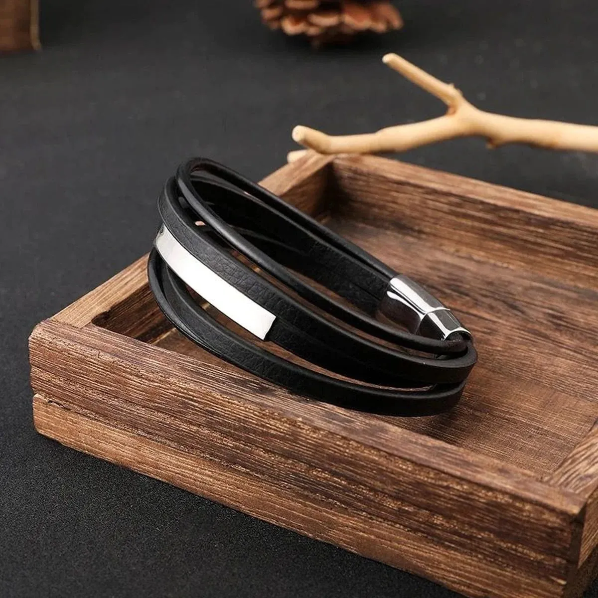Customized Multi Layer Black Silver Leather Wrist Wrap ID Bracelet for Men