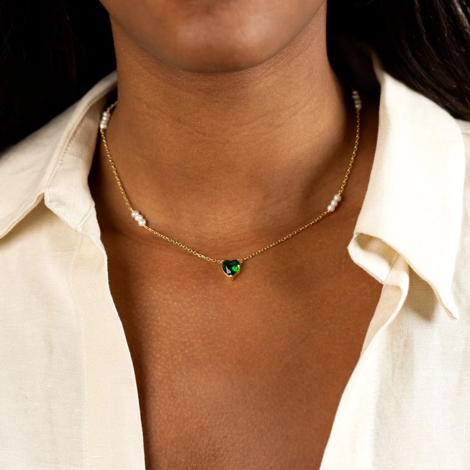 CZ Colored Heart X Pearl Cluster Necklace