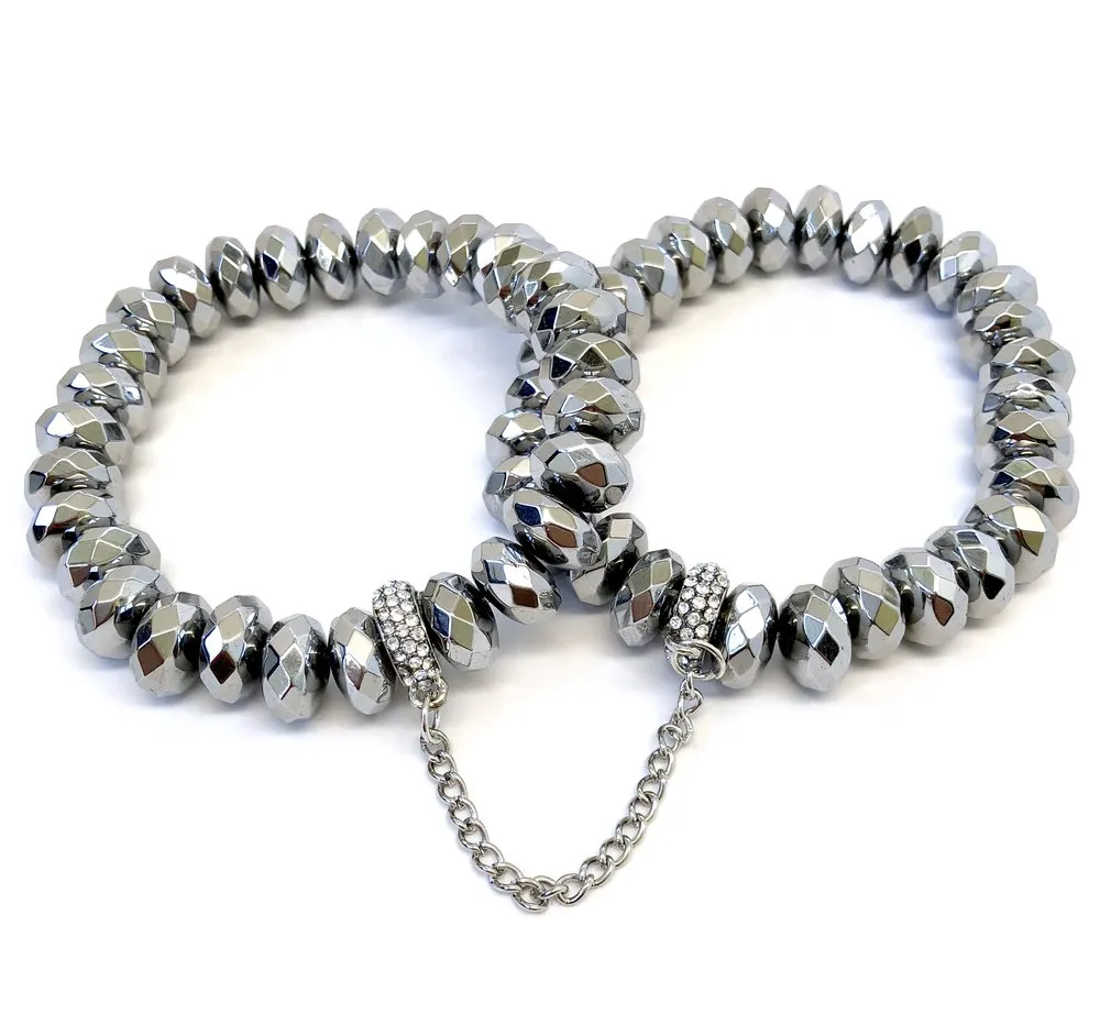 Double Hematite Bracelets with Silver Pave Chain Connector