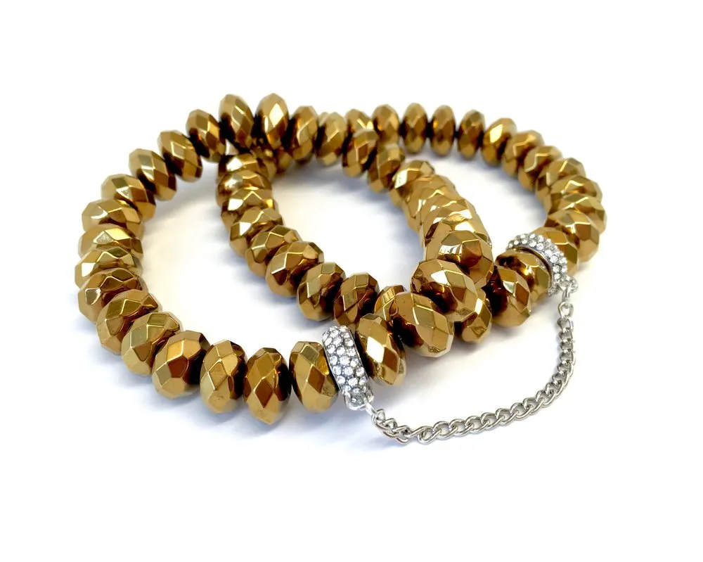 Double Hematite Bracelets with Silver Pave Chain Connector