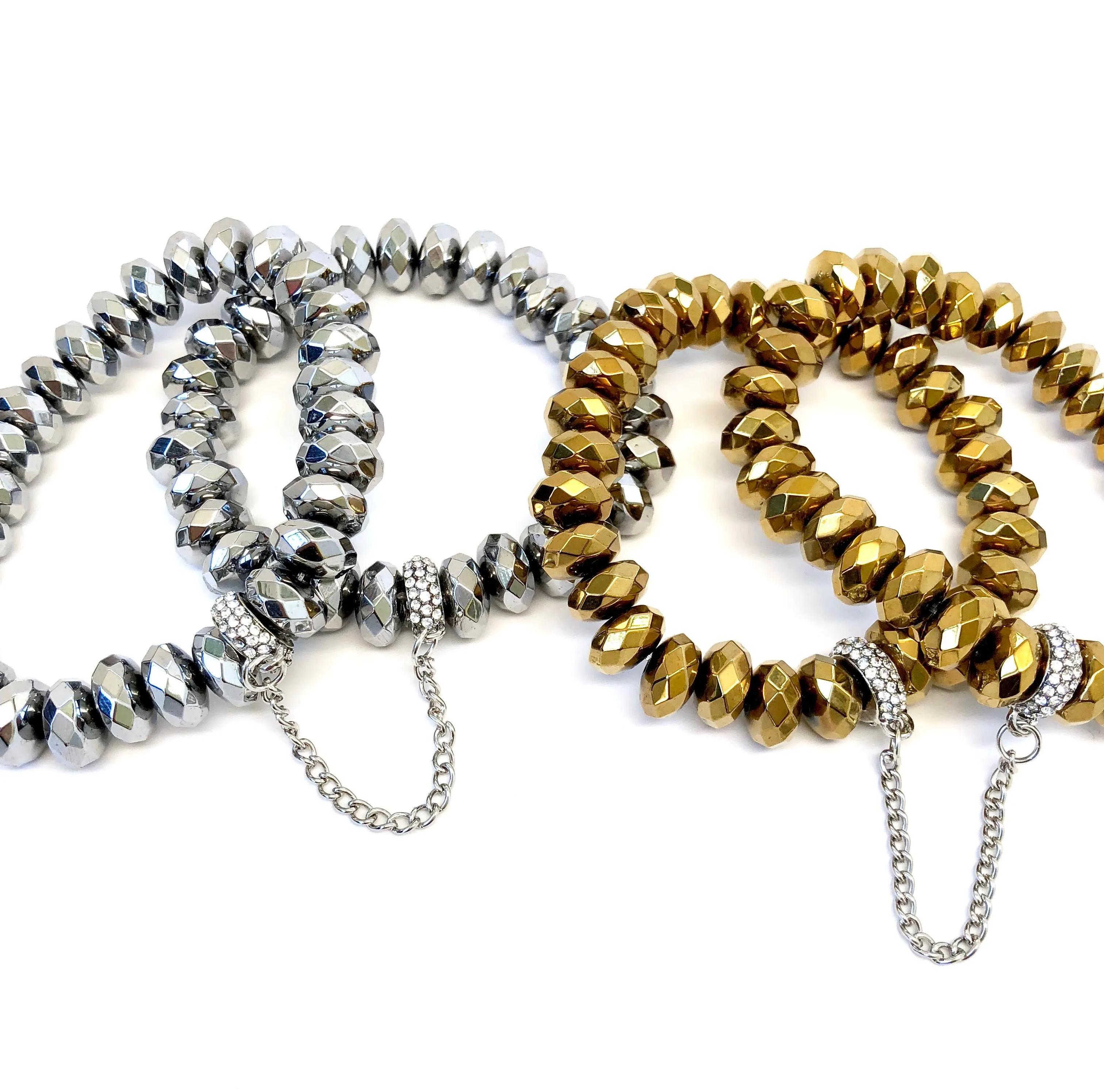 Double Hematite Bracelets with Silver Pave Chain Connector