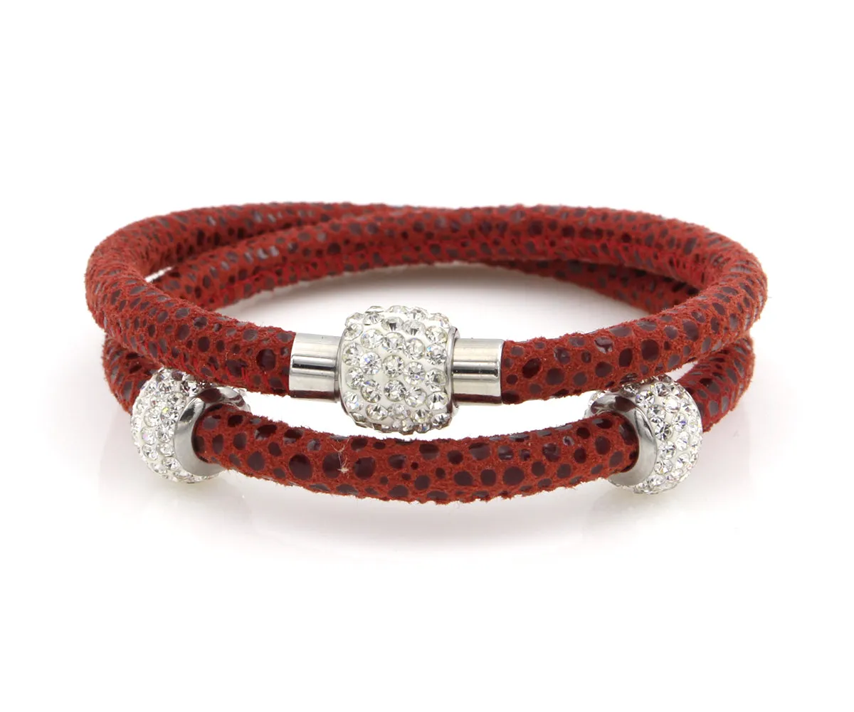 Double Wrap Swarovski Crystals Red Leather Bracelet