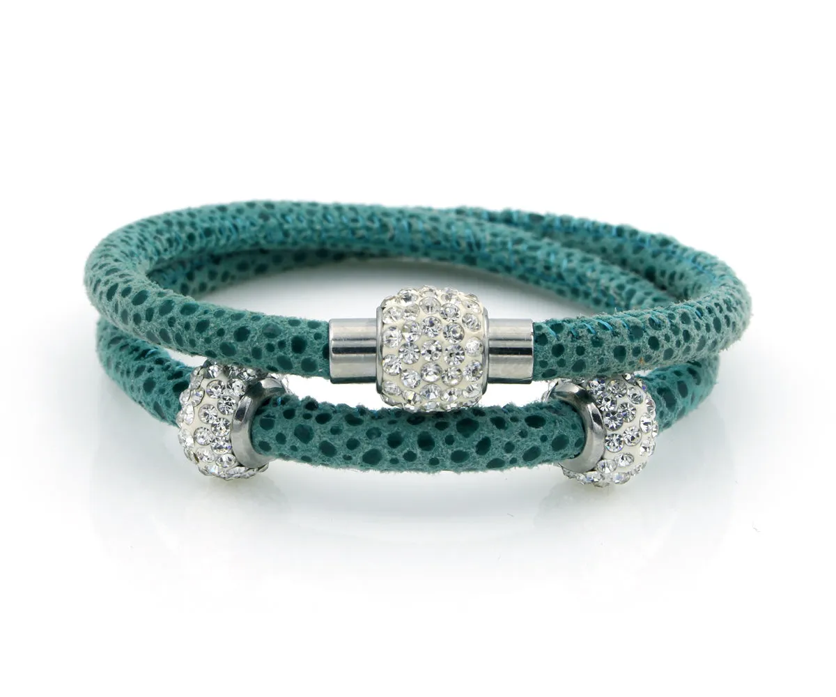 Double Wrap Swarovski Crystals Teal Leather Bracelet