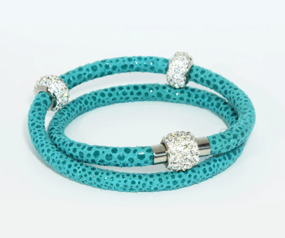 Double Wrap Swarovski Crystals Teal Leather Bracelet