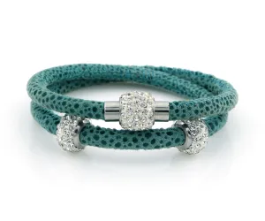 Double Wrap Swarovski Crystals Teal Leather Bracelet