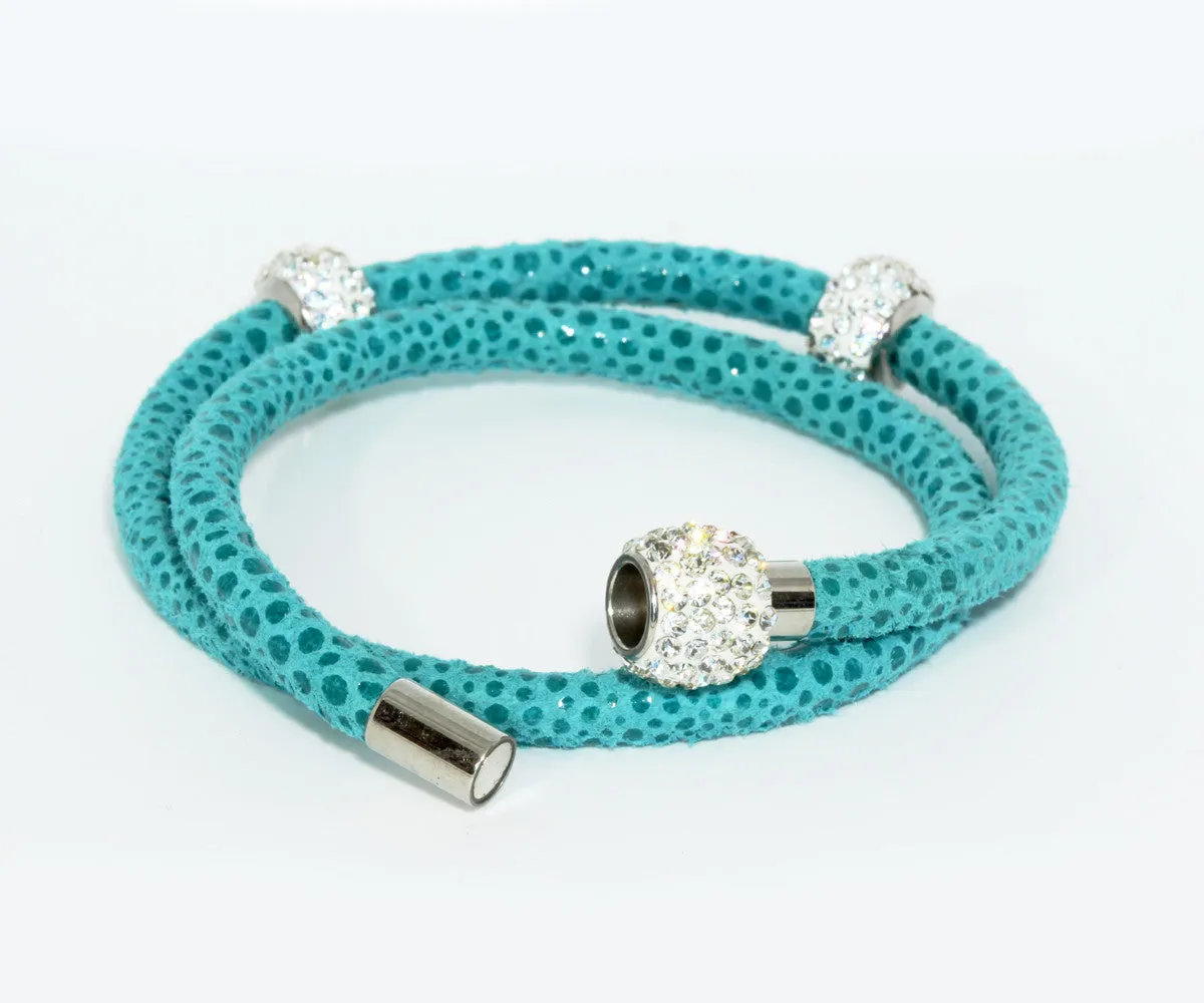 Double Wrap Swarovski Crystals Teal Leather Bracelet