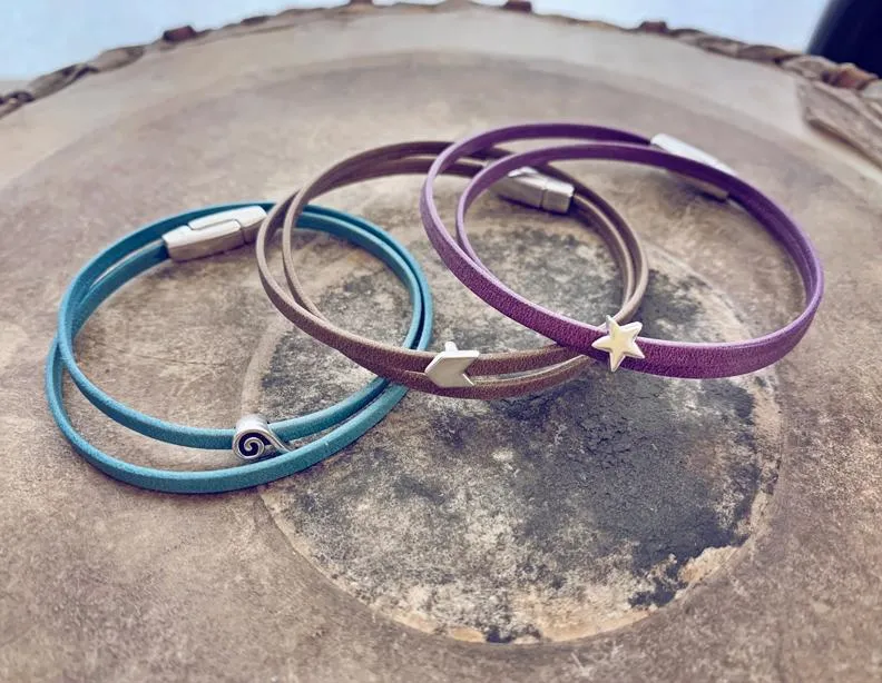 earth sea sky // thin double leather wrap bracelet - star, chevron or wave