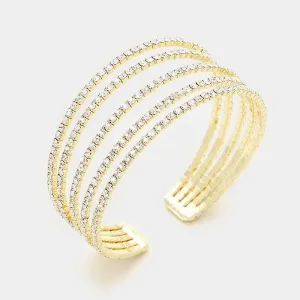 Five Row Clear Crystal Rhinestone Cuff Bracelet on Gold  | 334202