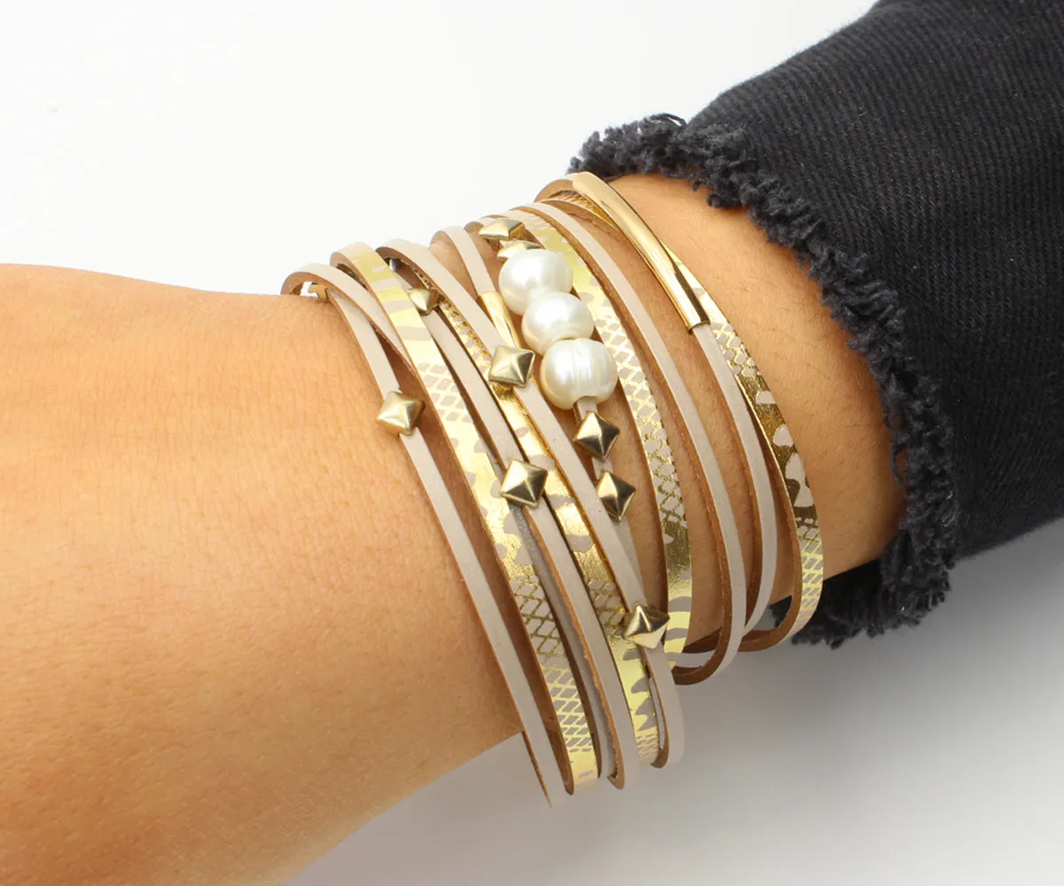 Geometric Tan Double Wrap Gold Pearl Bracelet