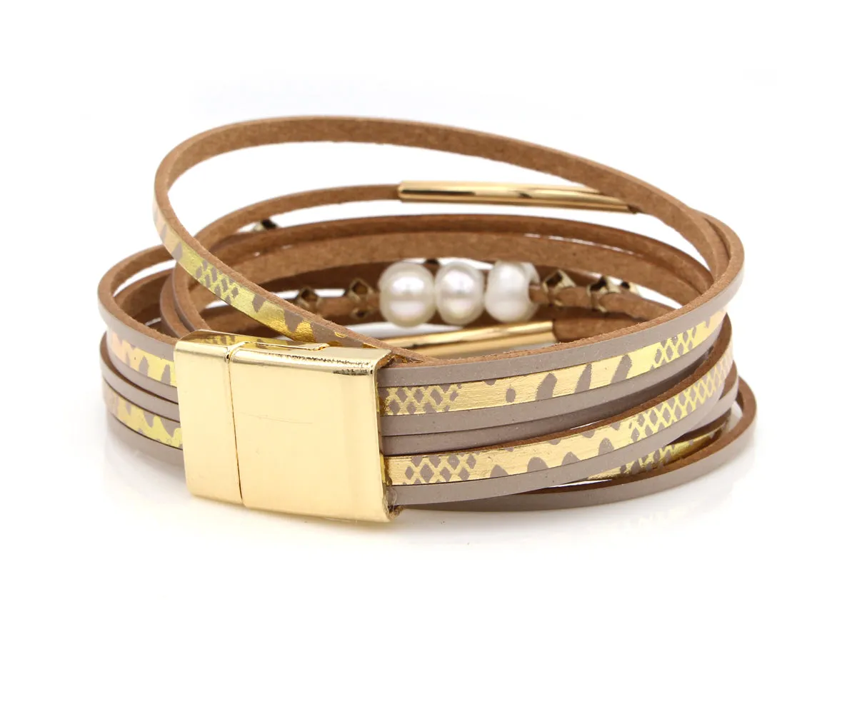 Geometric Tan Double Wrap Gold Pearl Bracelet