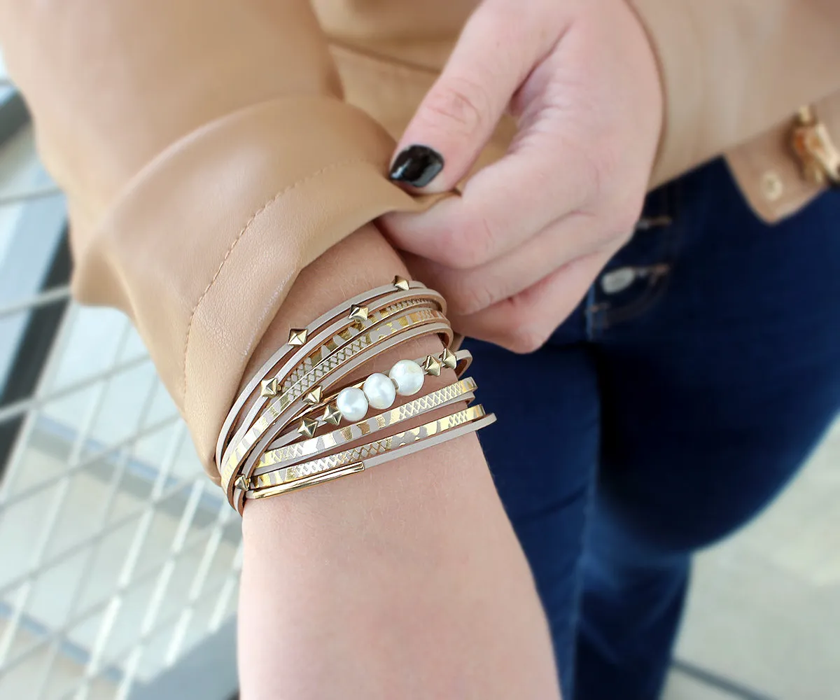 Geometric Tan Double Wrap Gold Pearl Bracelet