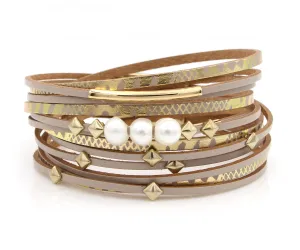 Geometric Tan Double Wrap Gold Pearl Bracelet