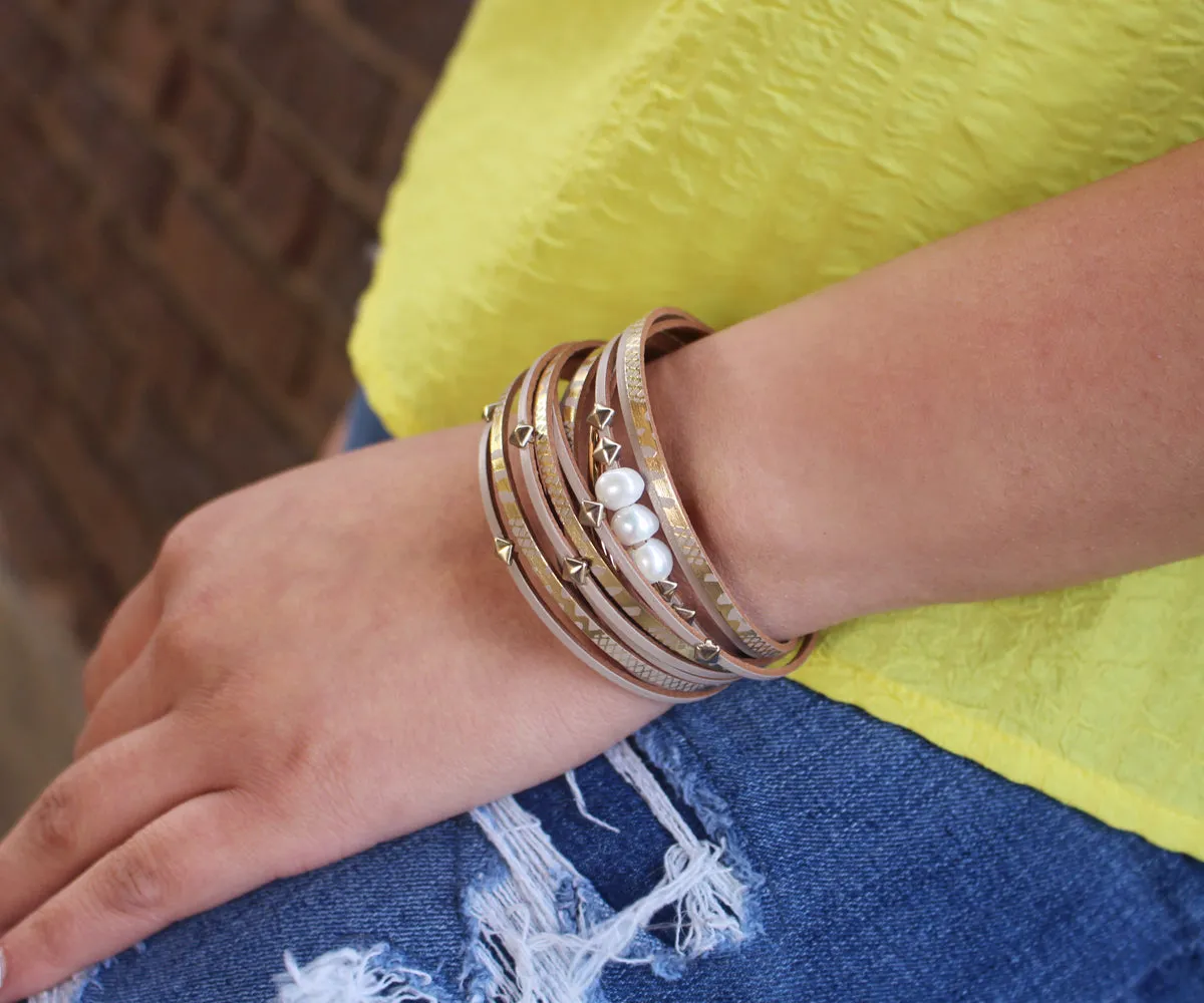 Geometric Tan Double Wrap Gold Pearl Bracelet