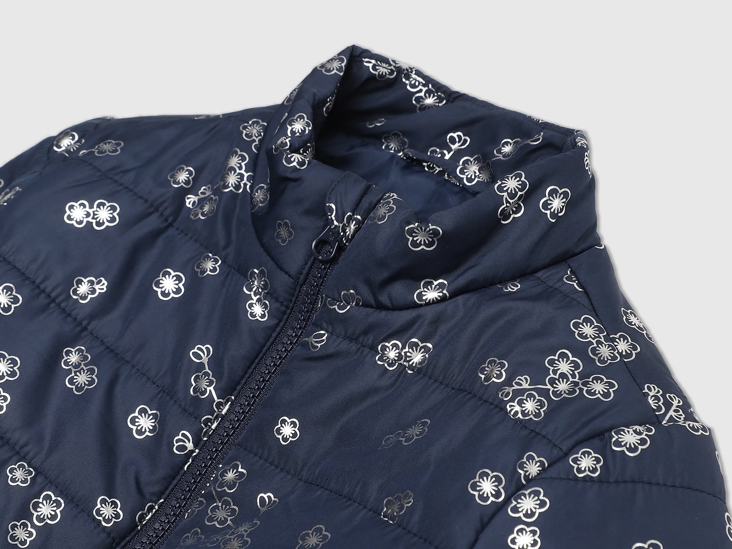 Girls Navy Floral Puffer Jacket