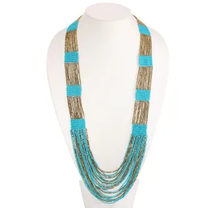 GOLD AND TURQUOISE SEED BEADS LONG LAYERED NECKLACE #N80649GT