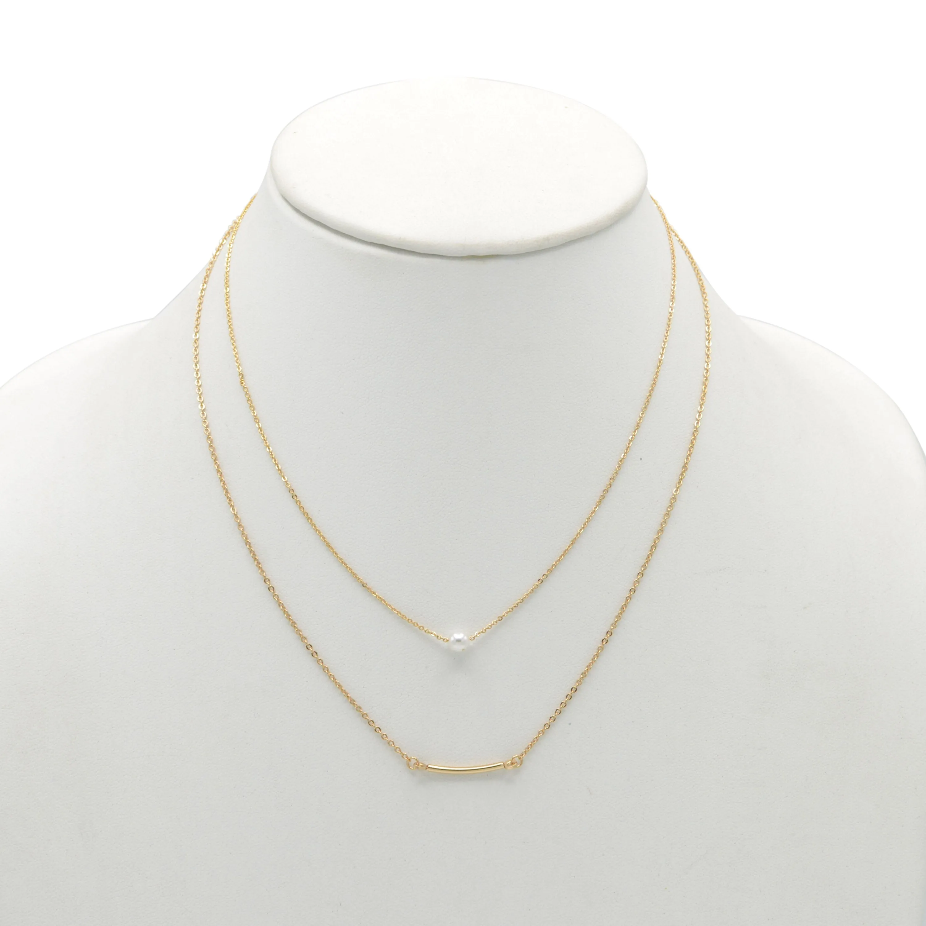 GOLD BAR AND PEARL2 ROW LAYER NECKLACE#N19505GD (SB6)