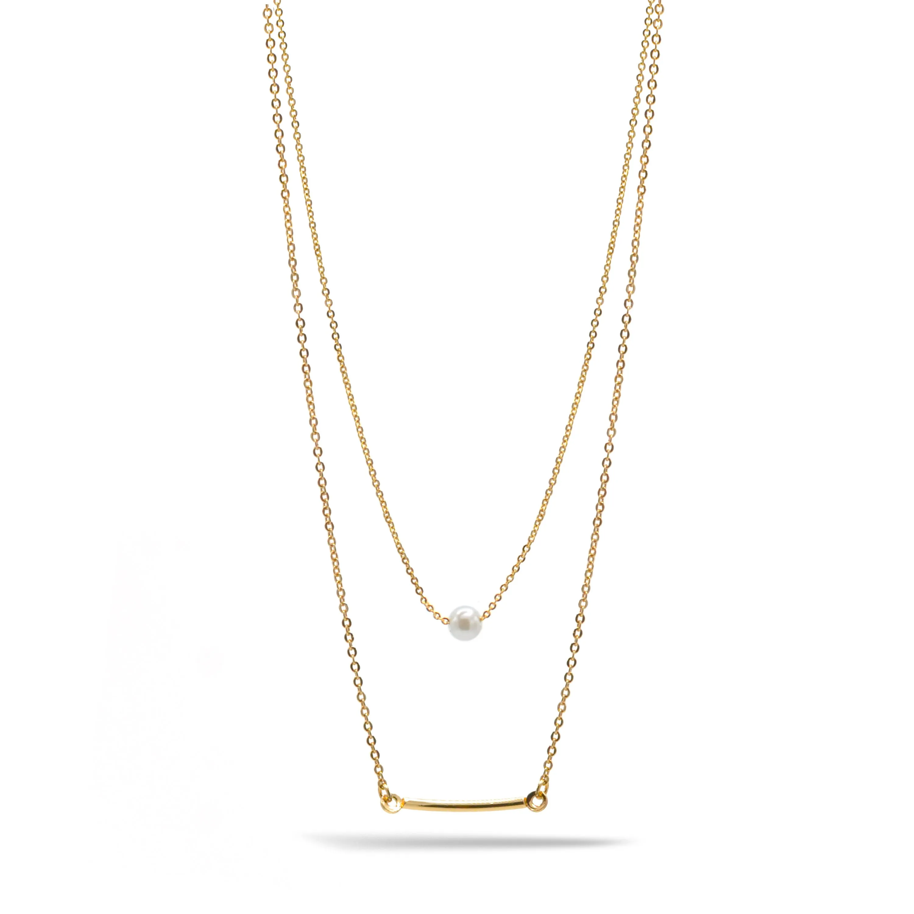 GOLD BAR AND PEARL2 ROW LAYER NECKLACE#N19505GD (SB6)