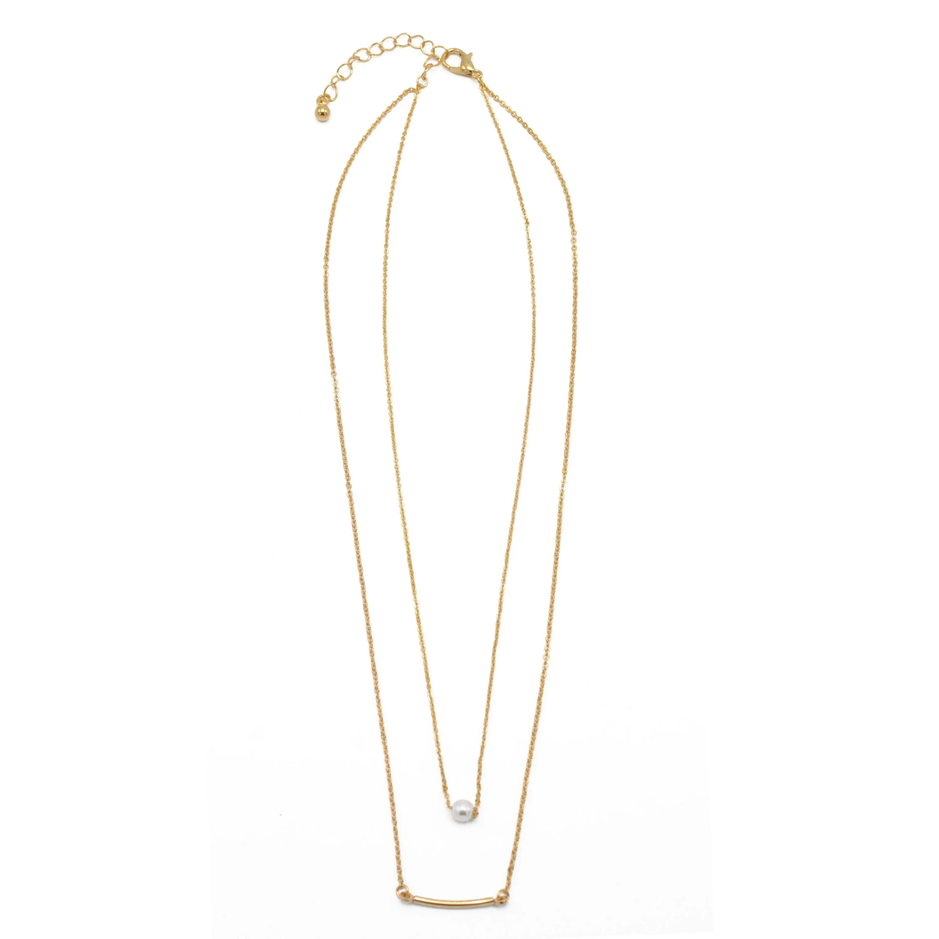 GOLD BAR AND PEARL2 ROW LAYER NECKLACE#N19505GD (SB6)