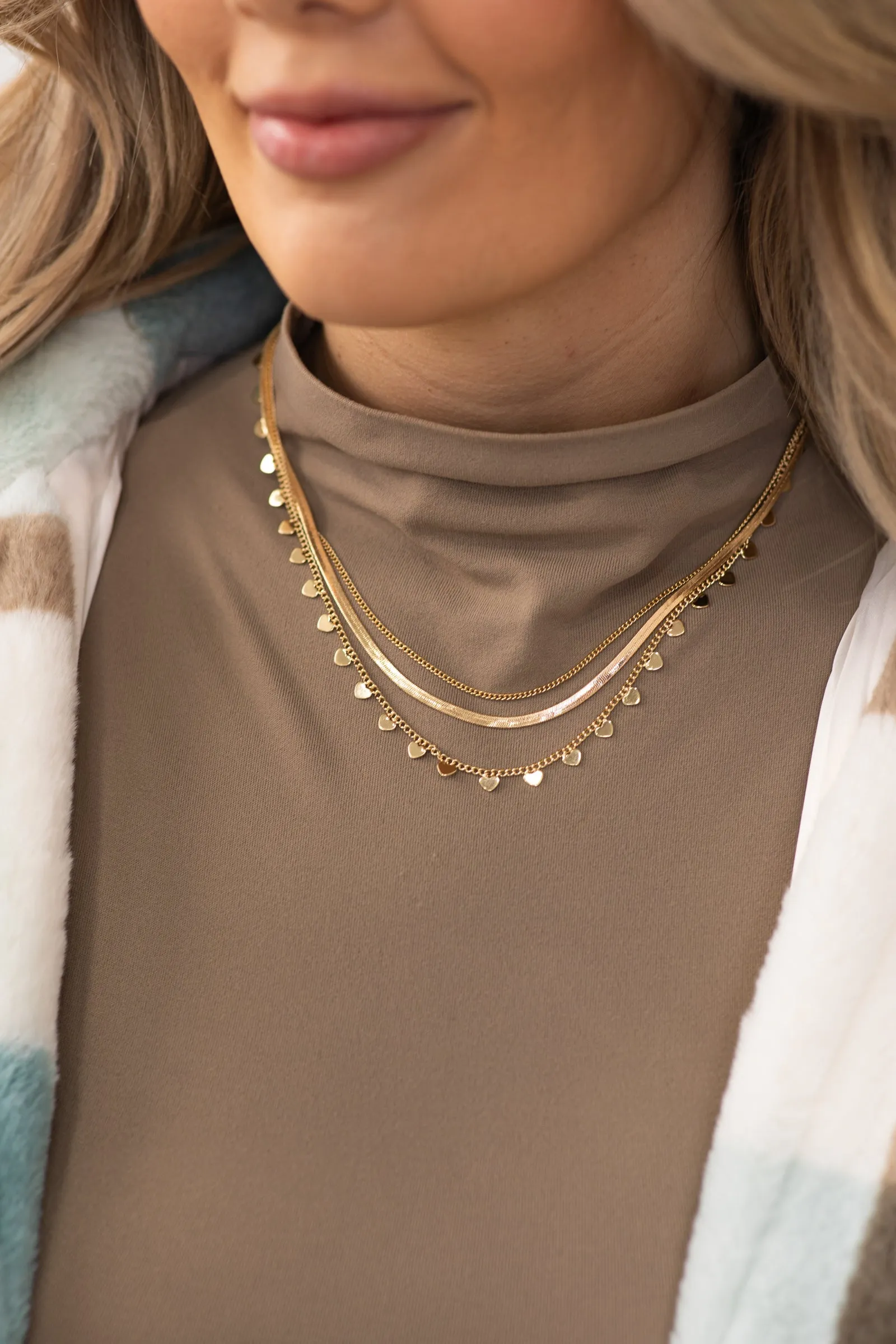 Gold Layered Necklace With Heart Charms