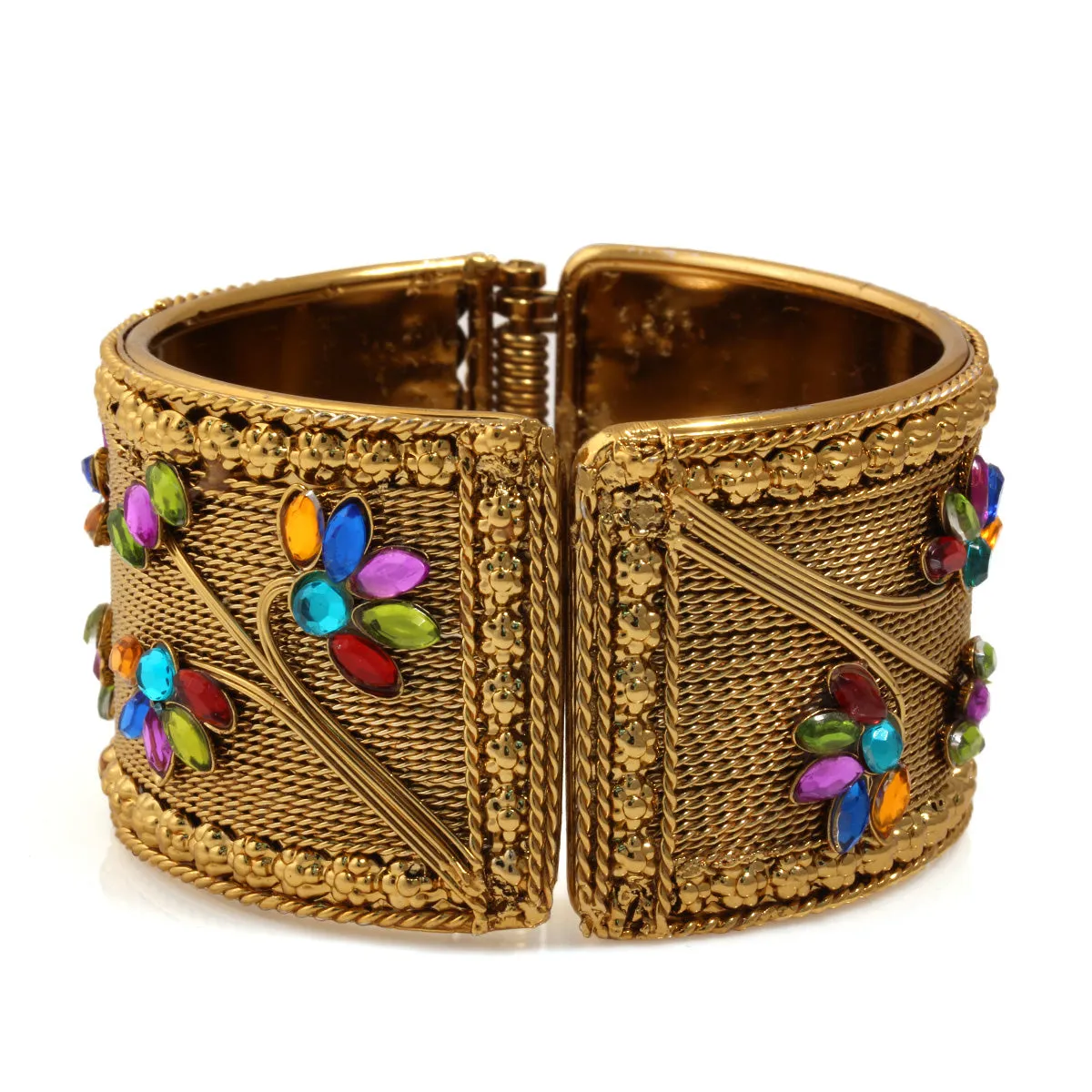 GOLD MULTICOLOR CRYSTAL FLOWER HINGED BRACELET #FW-B11GM (14th FL)