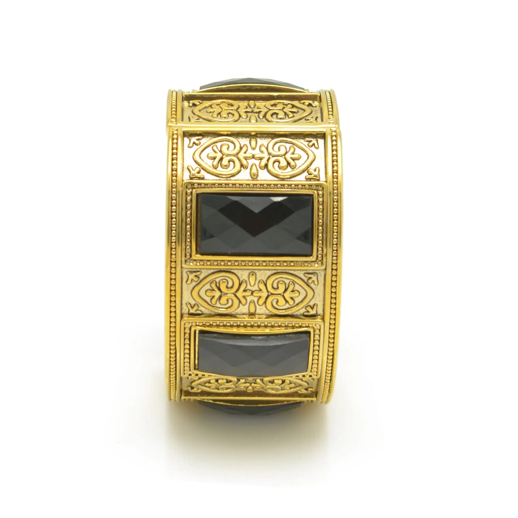 GOLD OXIDIZED PLATED BLACK FACETED STONE HINGED BRACELET #FW-B5948G