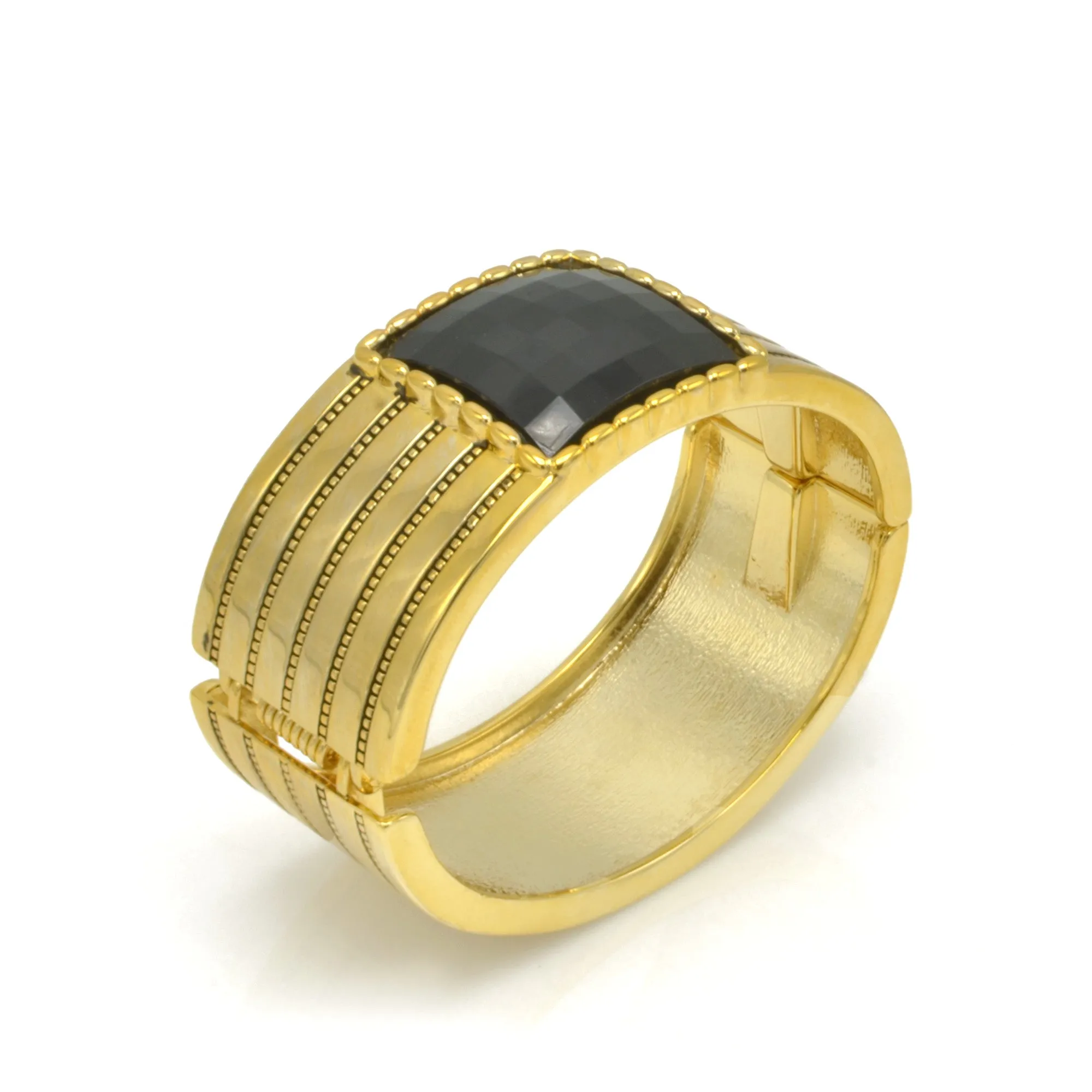 GOLD PALTED SQUARE BLACK FACETED STONE HINGED BRACELET#FW-B7560G