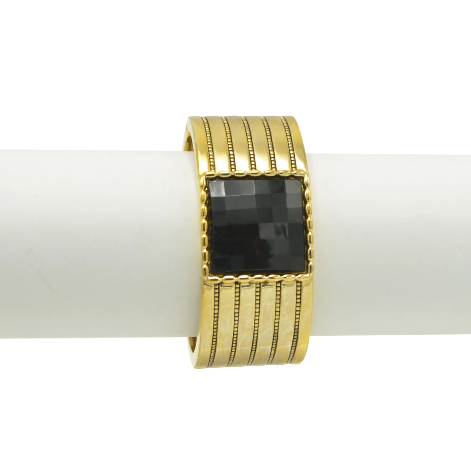 GOLD PALTED SQUARE BLACK FACETED STONE HINGED BRACELET#FW-B7560G