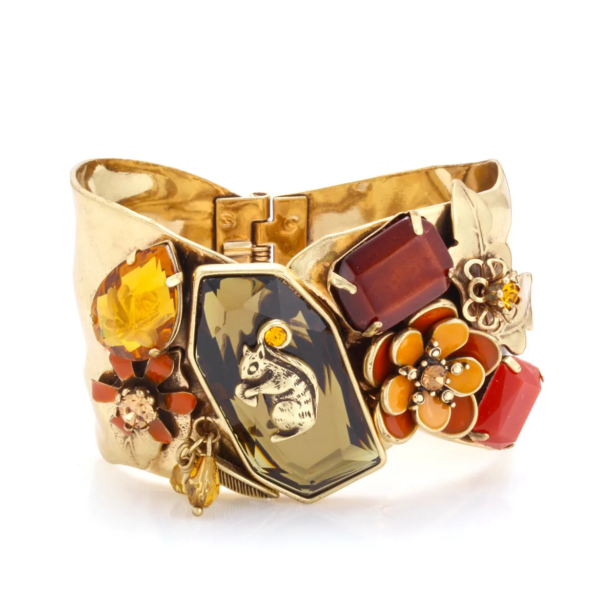GOLD SQUIRREL AND ORANGE CRYSTAL FLOWER HINGED BRACELET #214OR2101 (1B2/1F13)