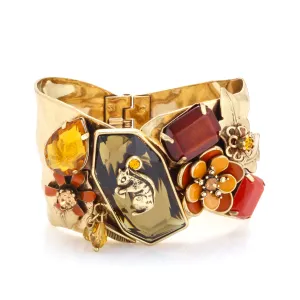 GOLD SQUIRREL AND ORANGE CRYSTAL FLOWER HINGED BRACELET #214OR2101 (1B2/1F13)