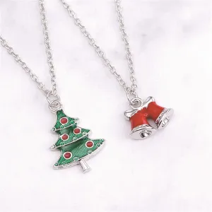 Green Silver-Plated Christmas Tree & Bells Pendant Necklace Set