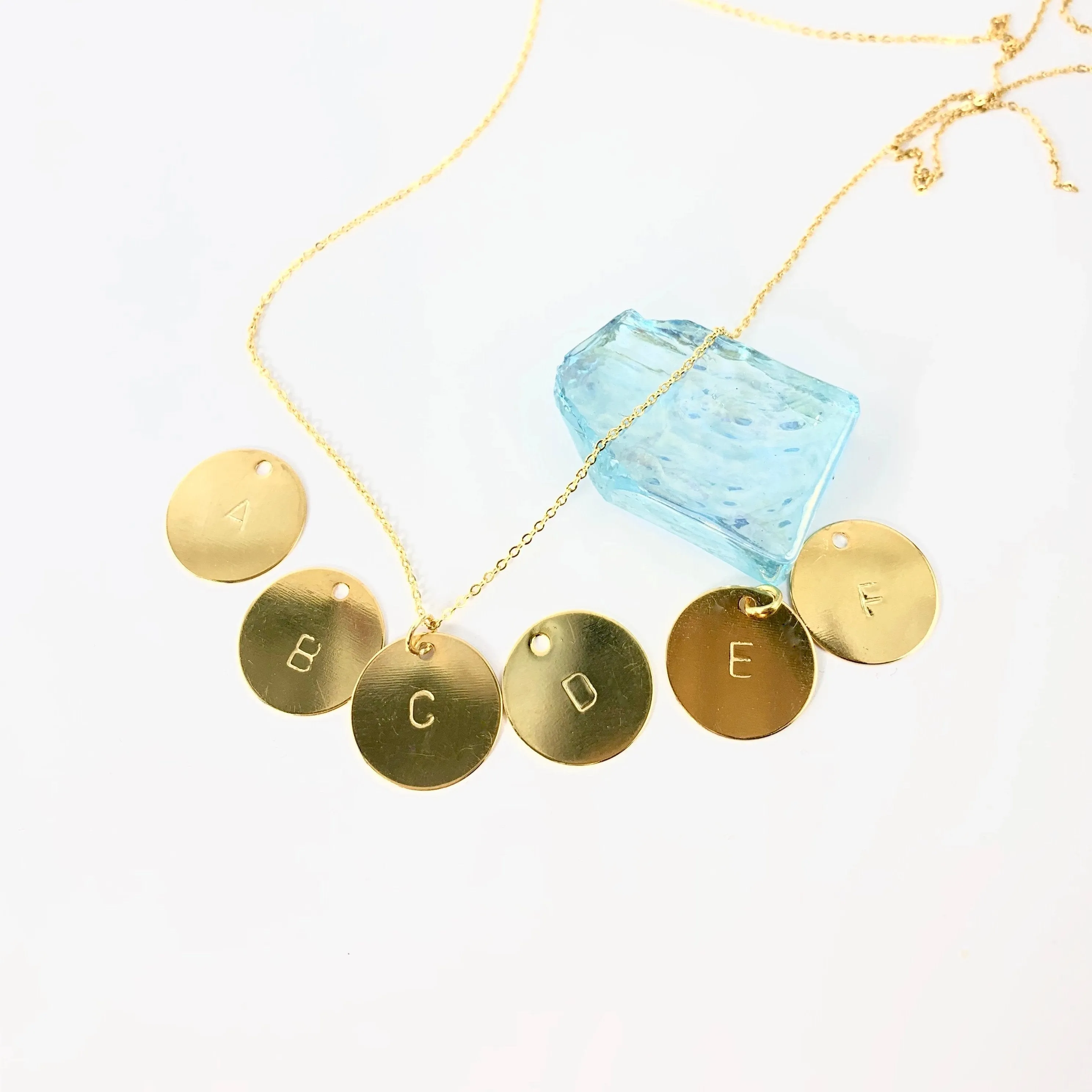 Hand Stamped Initial Disk 14K Gold Necklace