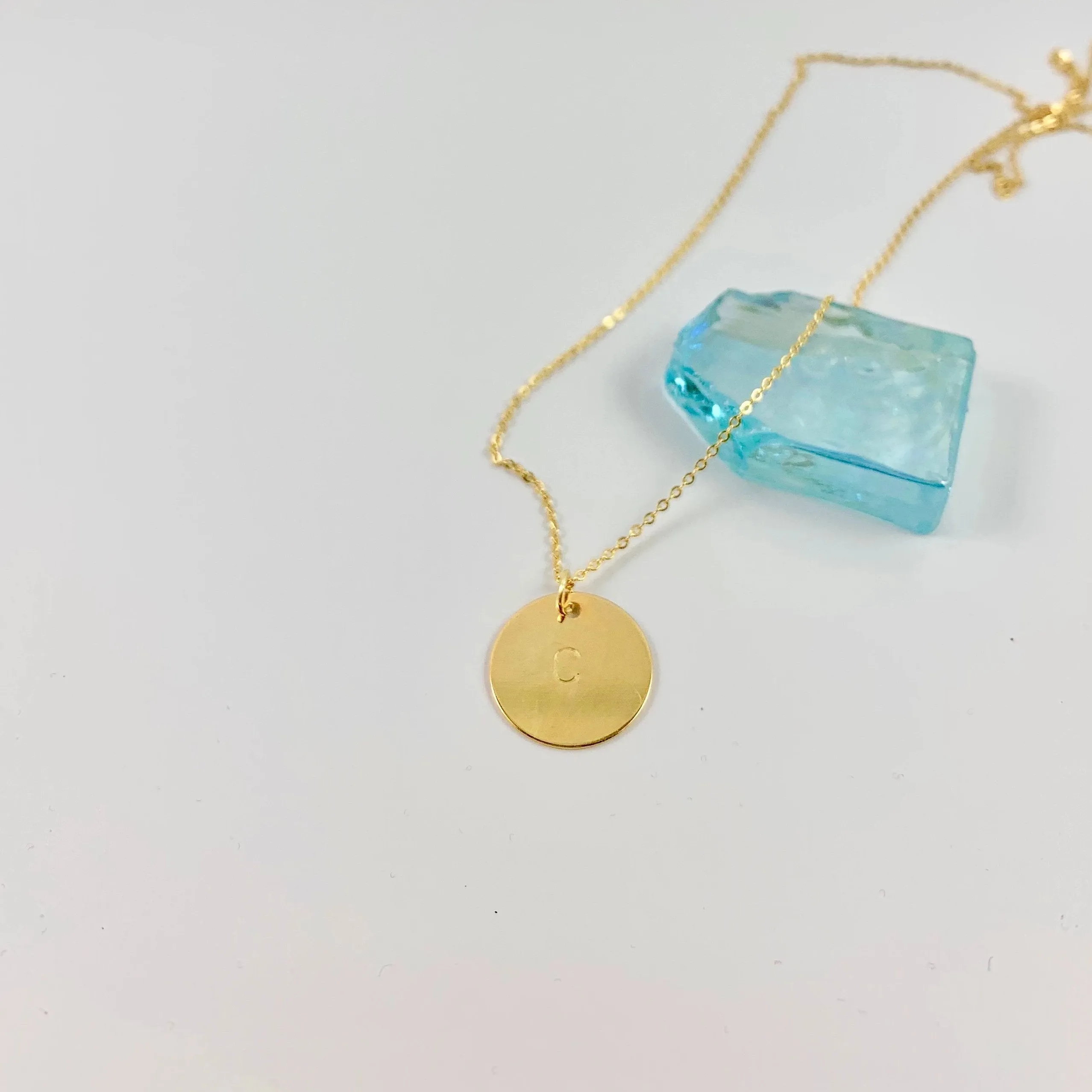 Hand Stamped Initial Disk 14K Gold Necklace