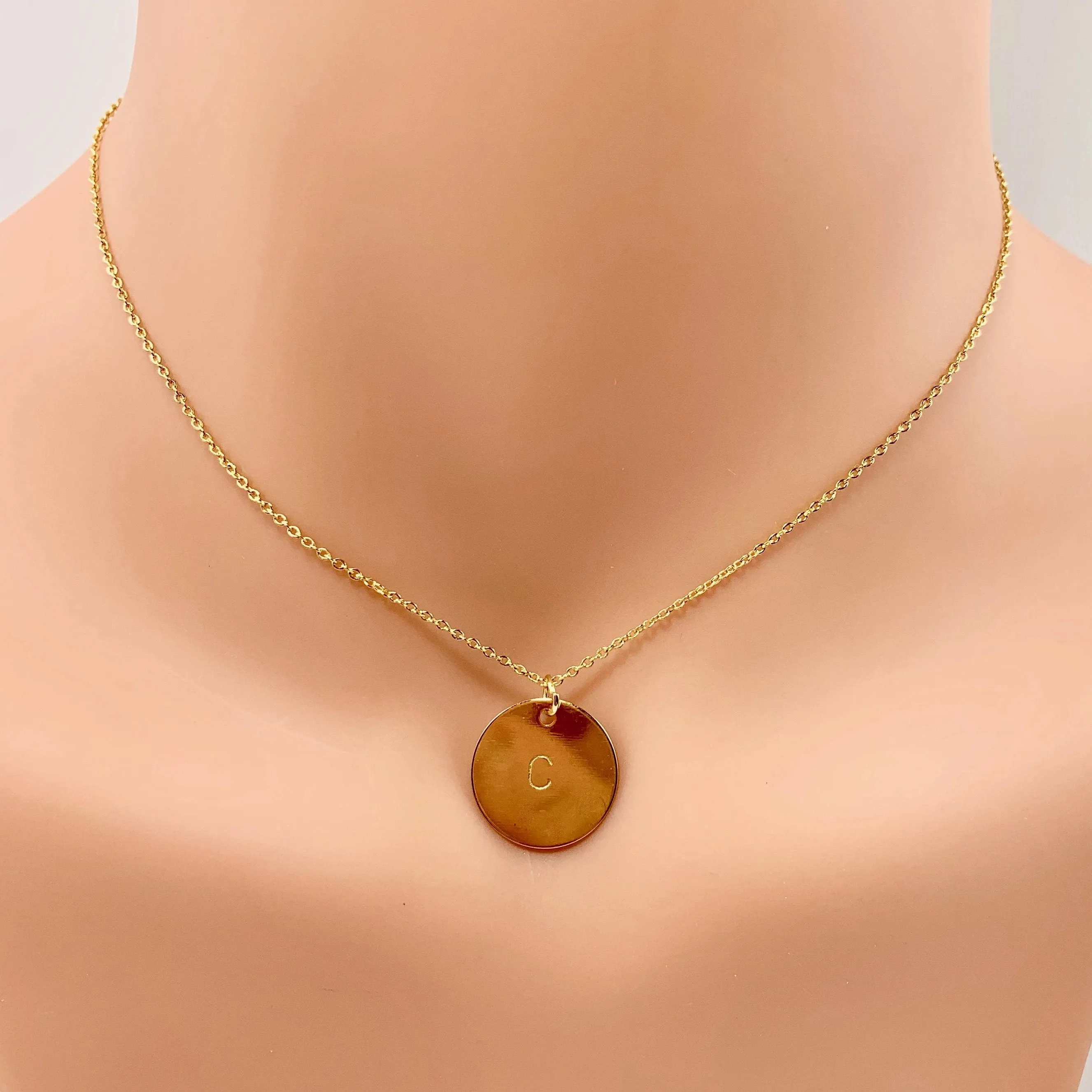 Hand Stamped Initial Disk 14K Gold Necklace