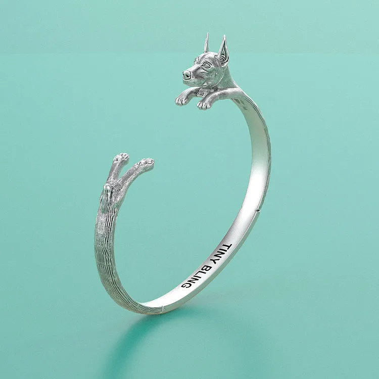 Handmade Doberman Breed Cuff Bracelet in Oxidized 925 Sterling Silver. For all the Dog, Puppy, and Pet Lovers.