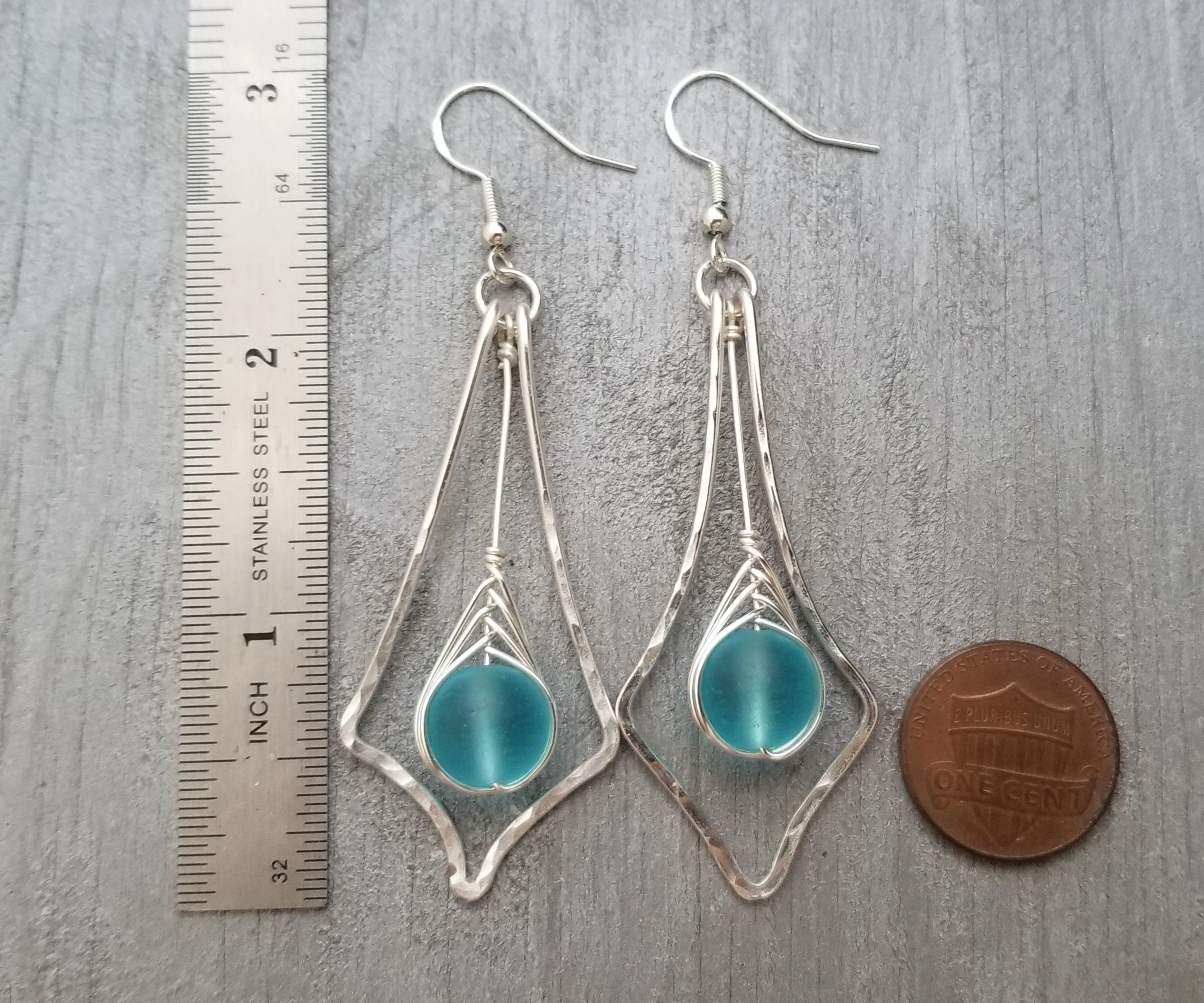 Handmade in Hawaii, Hammered Wire Loop, Wire Braided blue sea glass earrings, Hawaii gift wrapped, customizable gift message