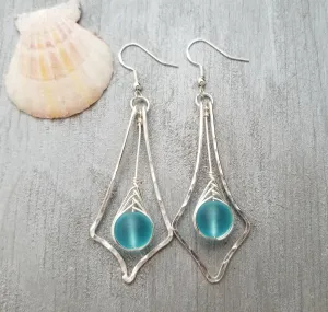 Handmade in Hawaii, Hammered Wire Loop, Wire Braided blue sea glass earrings, Hawaii gift wrapped, customizable gift message
