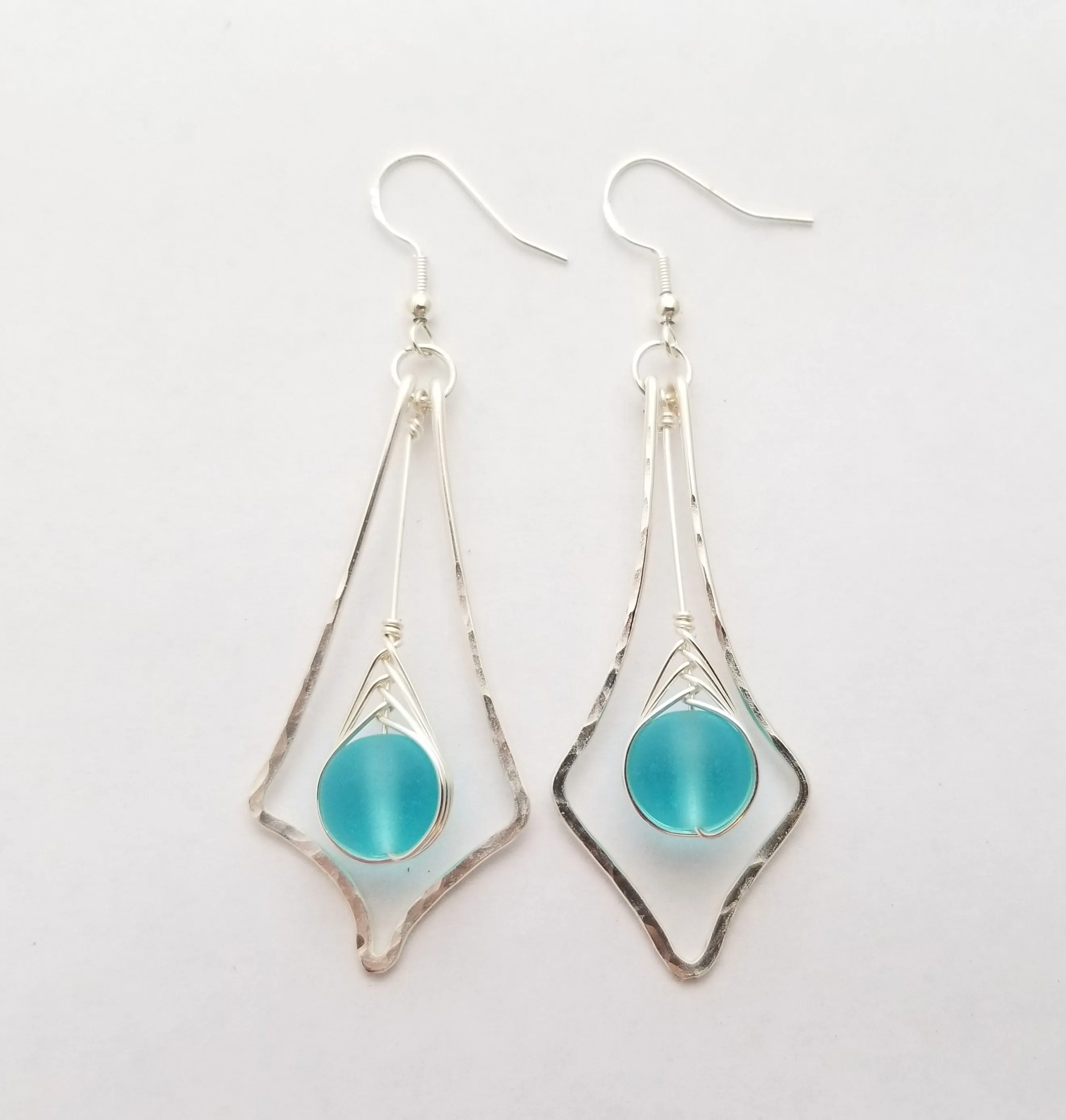 Handmade in Hawaii, Hammered Wire Loop, Wire Braided blue sea glass earrings, Hawaii gift wrapped, customizable gift message