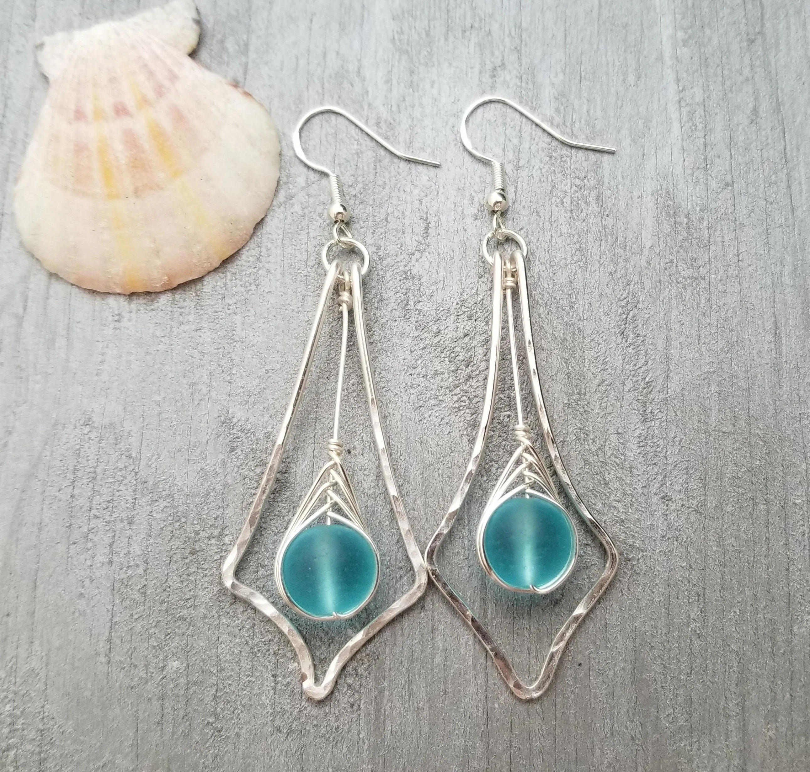 Handmade in Hawaii, Hammered Wire Loop, Wire Braided blue sea glass earrings, Hawaii gift wrapped, customizable gift message